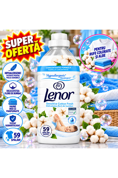 lenor Balsam de rufe Sensitive Cotton Fresh, formulă concentrată, hipoalergen...