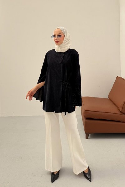 fushya design Kolu Payetli Bağlama Detaylı Ceket