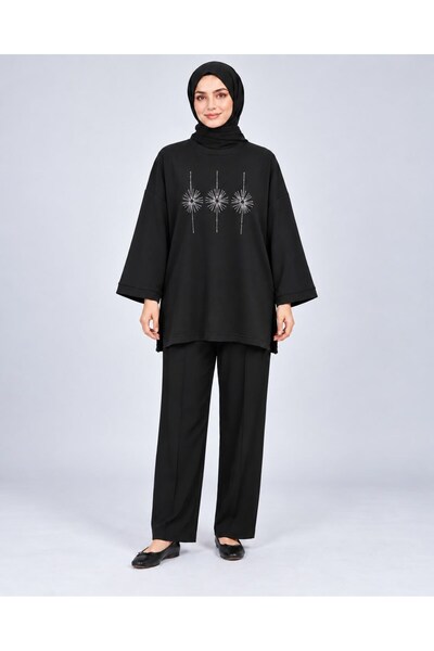 Yağızlar Giyim Women's Black Stone Embroidered Slit Oversize Oysho Tunic