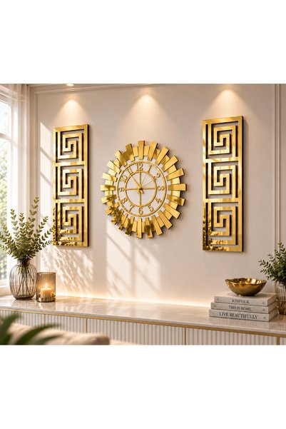 EYKA STORE Piyano Model Gold Pleksi Ayna Duvar Saati 40 cm ve 2’li Tablo Seti...