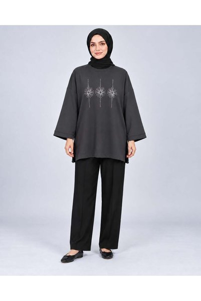 Yağızlar Giyim Women's Smoked Stone Embroidered Slit Oversize Oysho Tunic