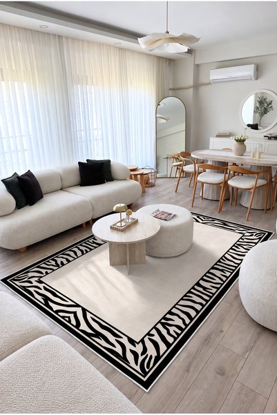 VOPTEKS Siyah Beyaz Halı Salon Halısı Makinede Yıkanabilir Kaymaz Taban Halı