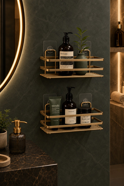 Magic Objects Stainless Steel Double Adhesive Bathroom Organizer Shower Shelf, Premium Gold Shampoo Holder Organizer