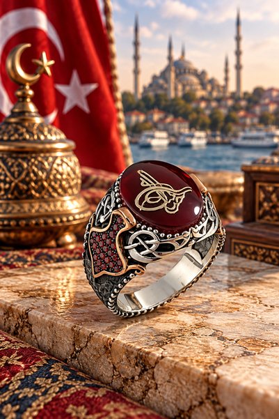 Siset Gümüş 925 Ayar Akik Taşlı Tuğralı Erkek Gümüş Yüzük
