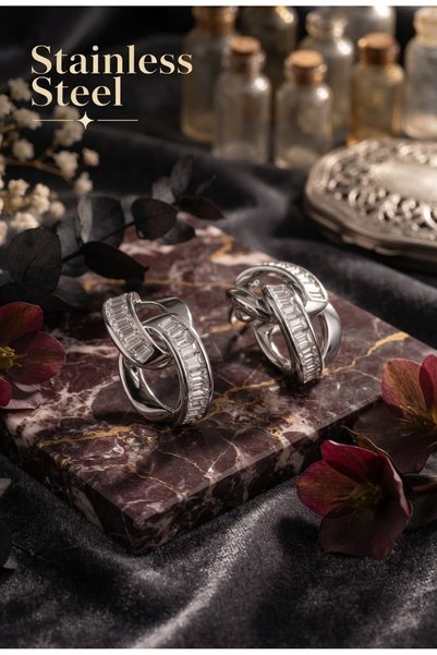 stainless steell Brass Silver Color Zircon Stone Chain Model Earrings