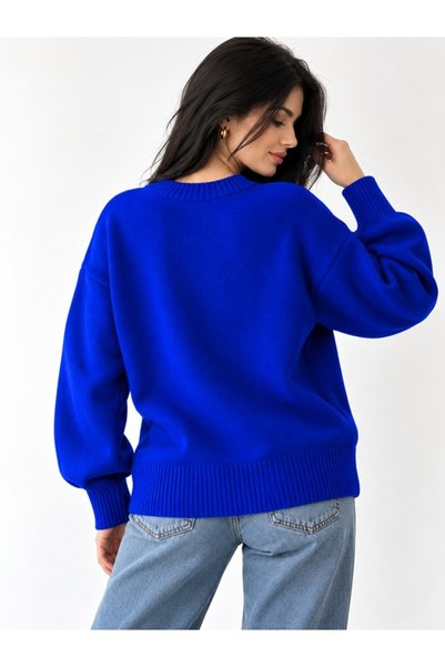 ModaAzen Saks Blue Crew Neck Oversize Women's Knitwear Sweater