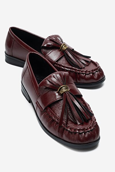 LuviShoes MARSTON Bordo Kırışık Rugan Püsküllü Kadın Loafer Ayakkabı