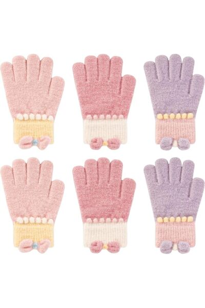SYOSI 3 Pairs Kids Winter Gloves, Full-Finger Knitted Mittens with Bow Design...