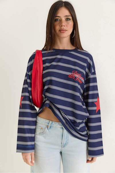 Bianco Lucci Kadın Lacivert Paris Baskılı Çizgili Bisiklet Yaka Oversize Swea...