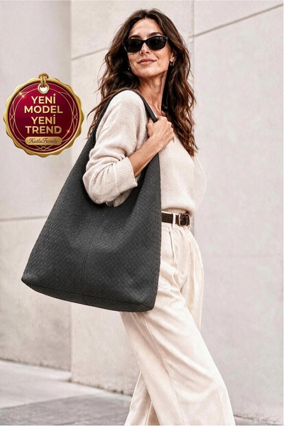 Classbag Women's Anthracite Knitted Patterned Suede Large Size Casual Hobo Sh...