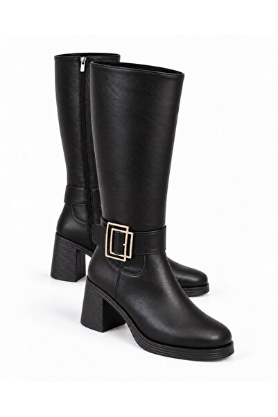 CCWAY AYAKKABI Double Square Buckle Women's Boots Black Leather