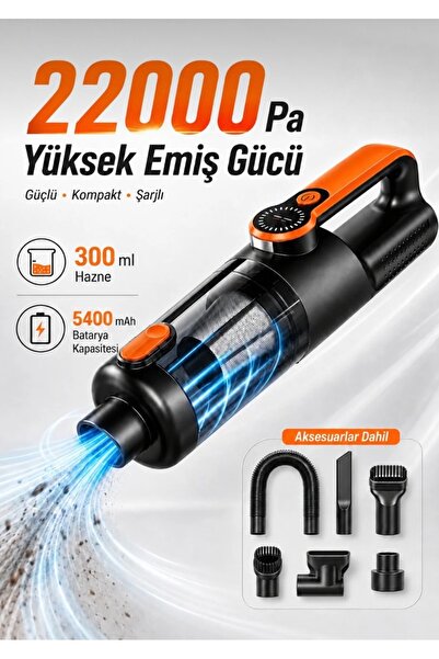 EMİN ENSAR HOME 22000 Pa Işıklı Araç Süpürgesi Kablosuz Vakum ve Üfleme 2in1 10 Başlıklı Metal Filtreli 300 ml Hazneli 5400 mAh Șarjlı Süpürge