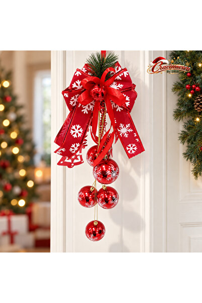 Craciunescu By DBR Hanging Christmas Decoration, Bow and Red Globes with Snow...