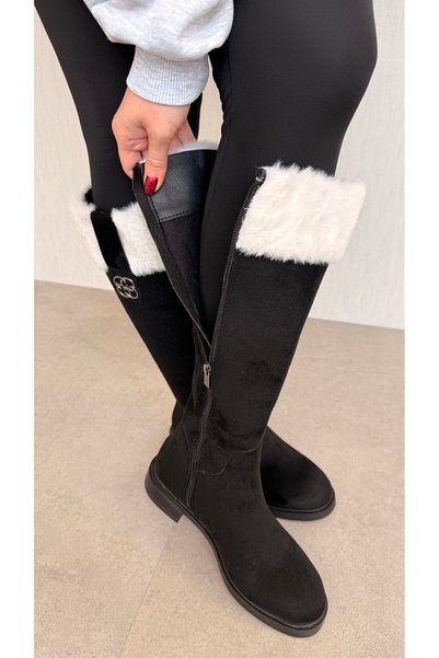 CCWAY AYAKKABI Furry High-Top Women's Boots Black Suede