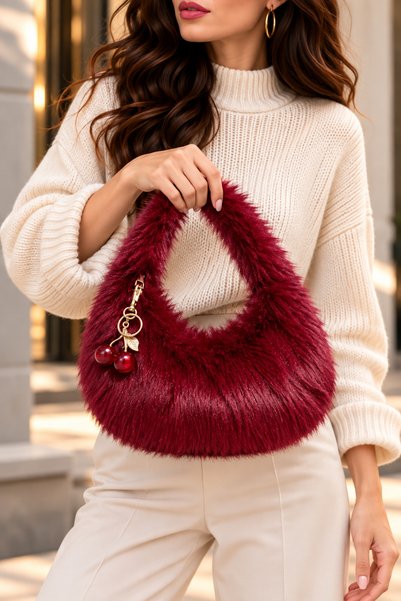 seraptakidunyasi Women's Plush Handbag with Cherry Accessories, Soft Textured Daily Bag