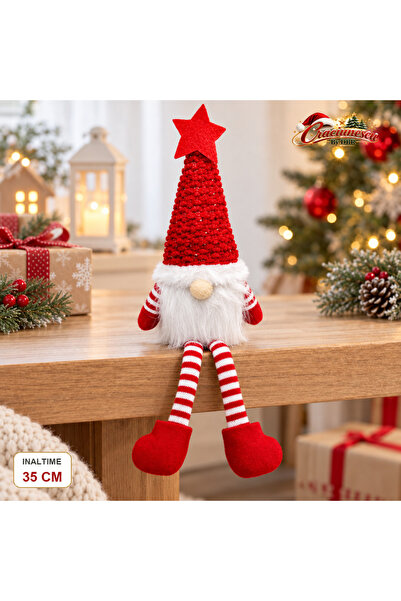 Craciunescu By DBR Decoratiune Spiridus de Craciun 35 cm, Rosu-Alb, cu Picioa...