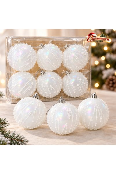 Craciunescu By DBR Set of 6 Christmas Baubles 8 cm, White with Iridescent Ref...