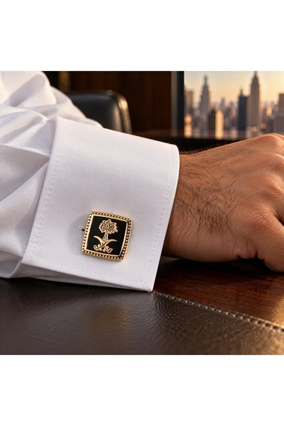 CozyNook Men's Black & Gold Cufflinks, Saudi Emblem Design for Formal Shirts