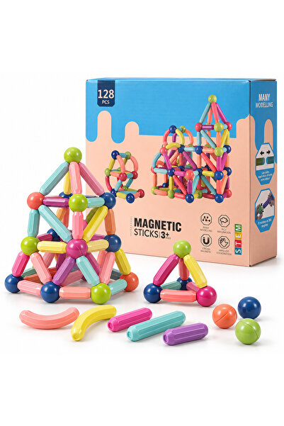Generic Brand Set de construcție magnetic, 128 de piese – bețe și bile magnet...