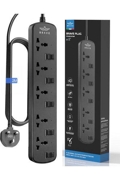 Brave 5-Way Universal Power Strip (2m) | 3250W Extension Cord with Individual...