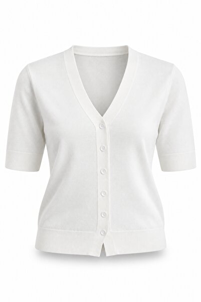 5in1Canpolat Cardigan ecru cu decolteu în V și mânecă scurtă 5525