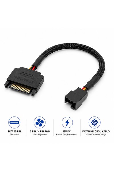 BK Teknoloji SATA 15 Pin Güç - 3 Pin / 4 Pin PWM Kasa Fanı Güç Adaptör Kablosu 30cm