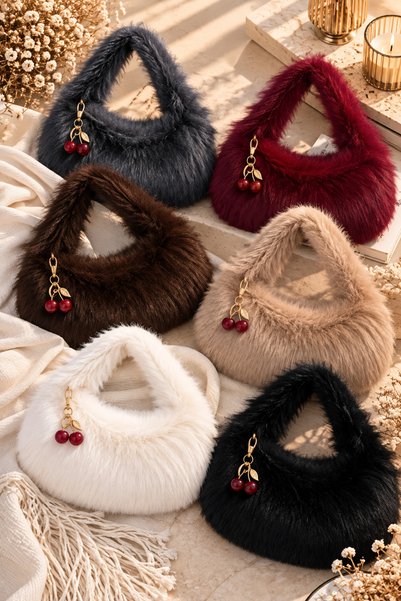 seraptakidunyasi Women's Plush Handbag with Cherry Accessories, Soft Textured Daily Bag