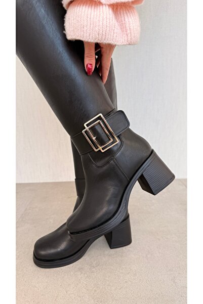 CCWAY AYAKKABI Double Square Buckle Women's Boots Black Leather