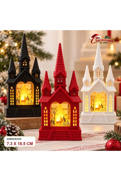 Craciunescu By DBR Felinar LED de Craciun 18,5 cm, Cladire cu Turnuri si Lumi...