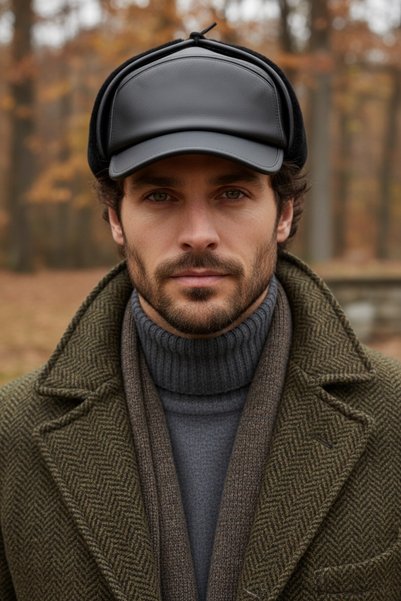 Givoria Men's Winter Vegan Leather Hat with Earflaps and Fur