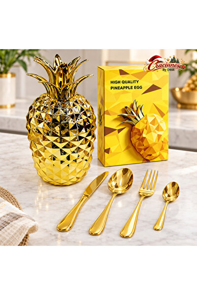Craciunescu By DBR 24-Piece Stainless Steel Cutlery Set, Gilded Look, Pineapp...
