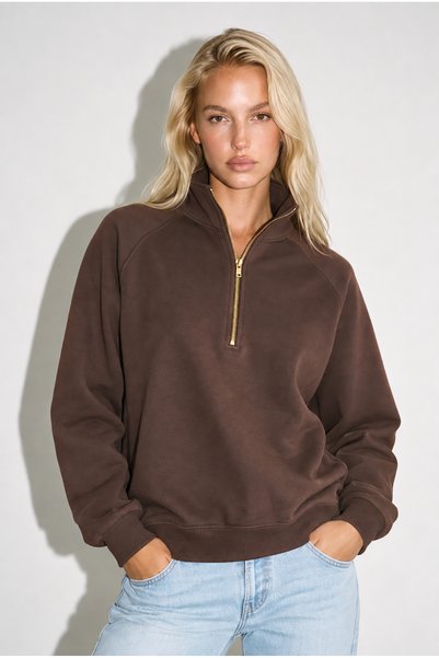 Amia&Co. Women's Black Oversize 2 Thread High Collar Half Zipper Sweatshirt