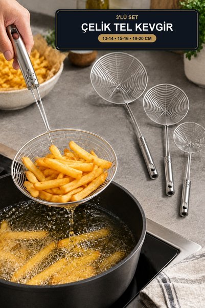 viracasa 3-Piece Steel Wire Colander Set 14 16 20 cm Metal Handle Frying Past...