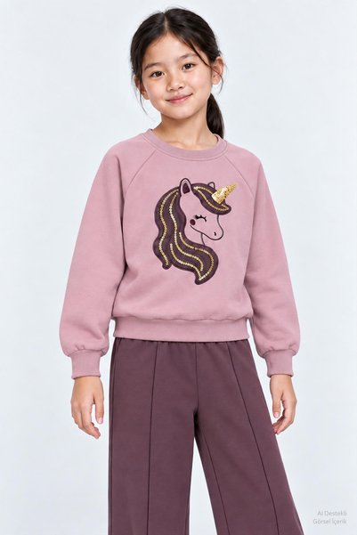 Perendi Set de trening pentru fete cu broderie unicorn detaliată cu paiete și fleece în interior