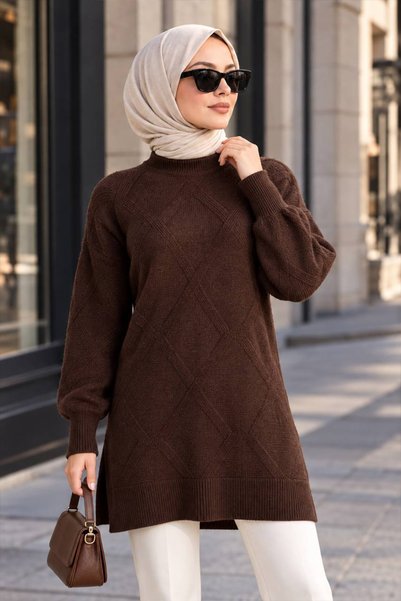 N.S NEVA STYLE Pulover tricotat maro cu model Baklava, stil hijab 6008KH