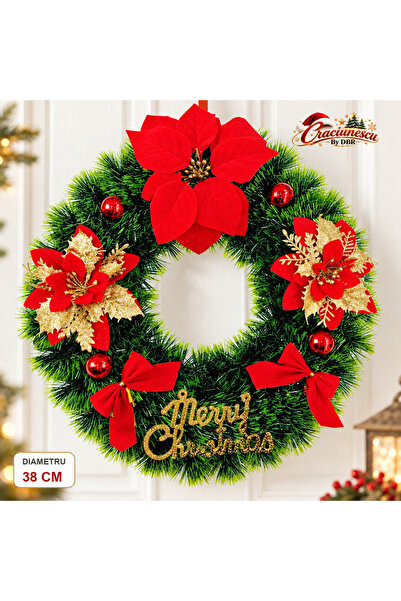Craciunescu By DBR Coronita Artificiala de Craciun 38 cm, Flori Rosii si Aurii -