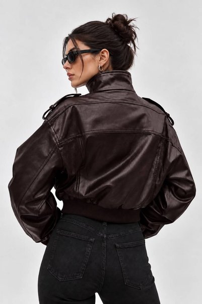 COJIKO Women's Epaulet Double Pocket Zr Model Leather Jacket