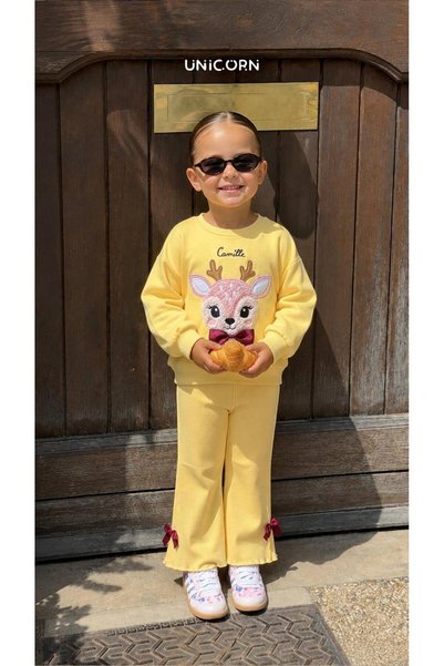 UNİCORNKİDS KAYLO Kız Çocuk Geyik Desenli Fiyonklu Sweatshirt Pantolon 2’li T...