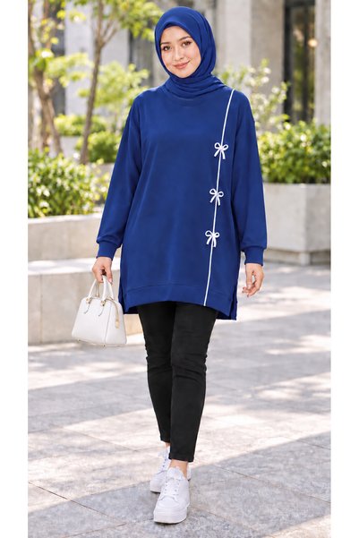 MİRA BUTİK Hijab Tunic Women's Modal Fabric Bow Detailed Bicycle Collar Long ...