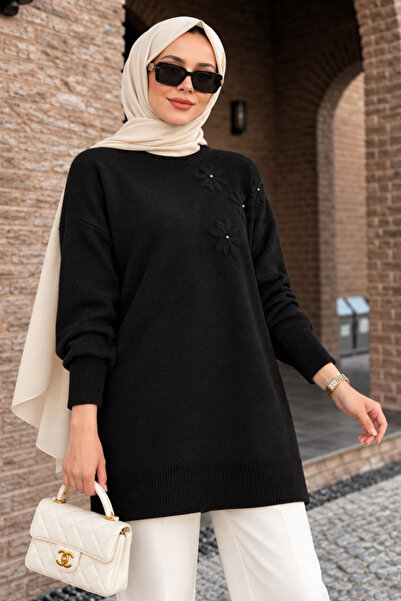 N.S NEVA STYLE Çiçek Aplikeli Siyah Tesettür Triko Tunik 60112S
