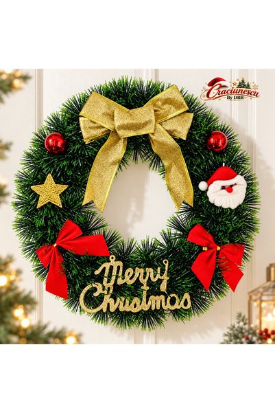 Craciunescu By DBR Coronita Artificiala de Craciun 30 cm, Decor cu Mos Craciun -