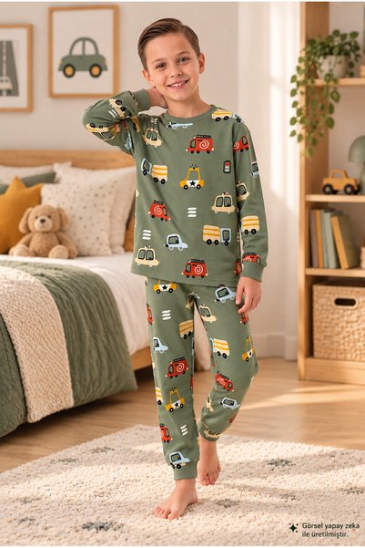 Novella18kıds Boy's Car Patterned 100% Cotton Interlock Fabric Long Sleeve Pajama Set