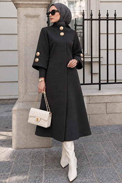 Neva Style Gold Düğme Detaylı Angora Koyu Füme Tesettür Kap 63070KFU