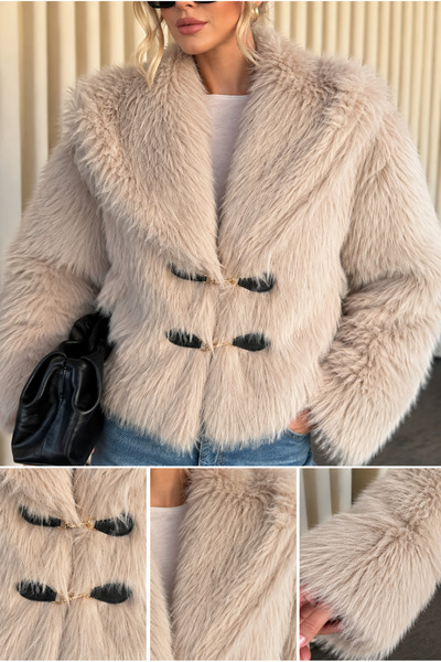 MERİDE Women's Plush Lined Fur Jacket – Buckle Detailed, Soft Textured Short Beige Coat-9679-Standard Size - Beige
