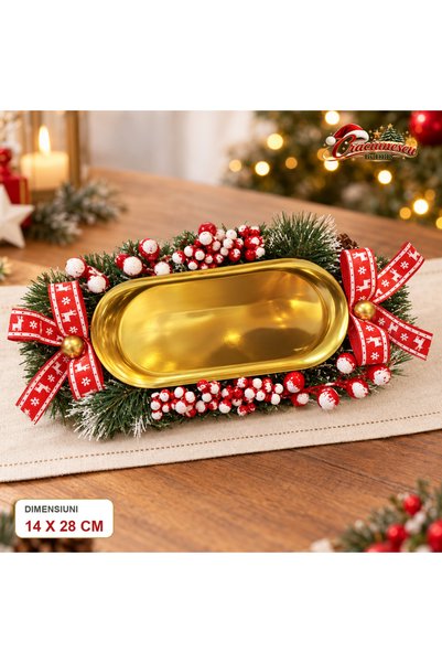 Craciunescu By DBR Christmas Table Arrangement 14 x 28 cm, Red-Green with Gol...