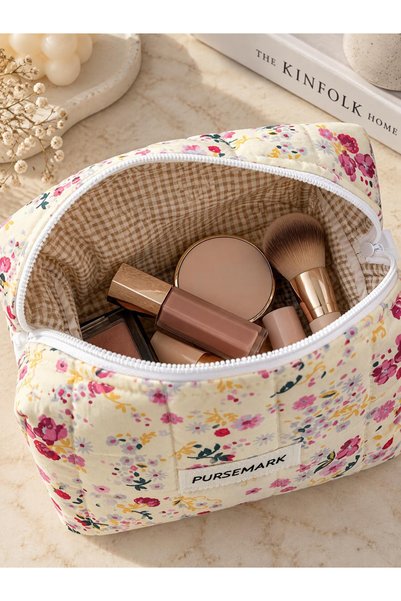 PURSEMARK Cream Floral Patterned Quilted Handmade (Medium Size) Makeup Bag – Travel Bag