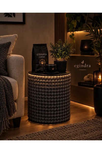 Egindra hasır örgü metal tel led ışıklı yan sehpa siyah ahşap kapak sepet 50x33