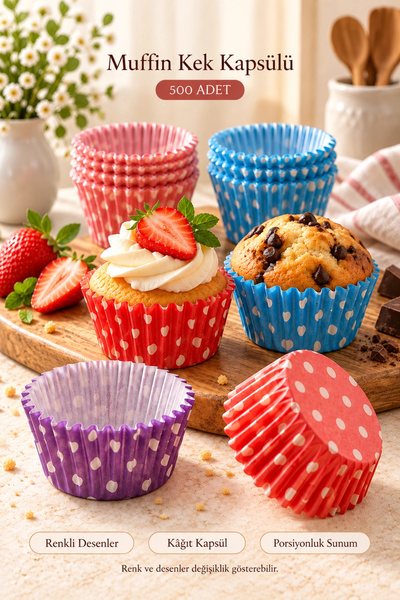 Tilbe Home 500 Adet Kağıt Kek Kapsülü Desenli Puantiyeli Muffin Kalıbı Cupcak...