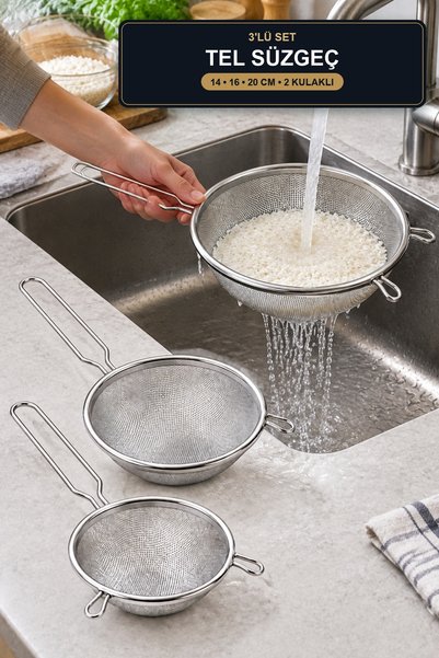 viracasa 3-Piece Wire Strainer Set 14 16 20 cm Stainless Steel Fine-Pore Stra...