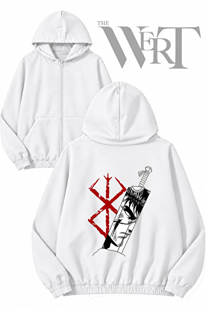 THEWERT Berserk Guts Back Printed Zippered Hooded White Cardigan (2 Yarns)